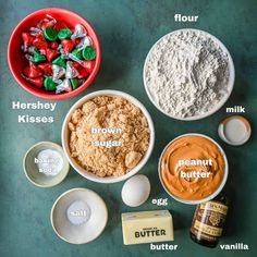 ingredients to make strawberry shortcakes laid out in bowls