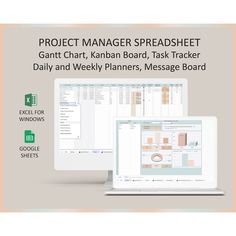 the project manager spreadsheet is displayed on a laptop and desktop screen with an image of