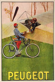 an advertisement for peugeot bicycles with two men on bikes