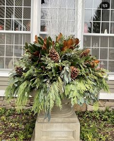 a large potted plant with pine cones and greenery in front of a window