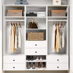 an organized closet with shoes, handbags and purses on the shelf next to it