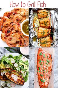 grilled fish and shrimp are featured in this collage