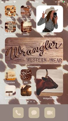 a cell phone with an image of a cow and the words western wear on it