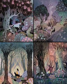 four different scenes with trees and animals in the forest at night, one is running through the woods