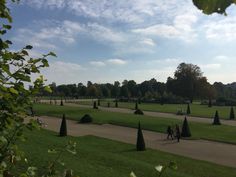 two people walking in the middle of a park with many trees and bushes on either side