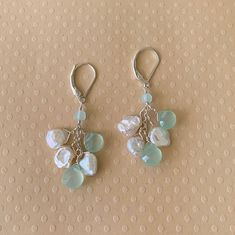 Aqua Blue Chaldedony Keshi Pearl Earrings, Beach Wedding Jewelry, Small Dangle Earrings Light Aqua Blue Chalcedony beads are accompanied by small white keshi pearls to make a these beachy earrings! Perfect for a beach bride or bridesmaid. Available with earring wires or leverbacks. Sterling silver, gold filled or rose gold filled. Approximately 1 1/2 - 1 3/4 inches in length. All jewelry in my shop is designed and crafted by hand by me. I use silver and gold filled wire and findings and carefull Adjustable Blue Pearl Drop Jewelry, Elegant Dangle Beaded Earrings For Beach, Elegant Beaded Dangle Earrings For Beach, Elegant Round Beads Earrings For Beach, Light Blue Round Beads Jewelry For Wedding, Elegant Round Bead Earrings For Beach, Elegant Teardrop Beaded Earrings For Beach, Blue Dangle Bridal Earrings With Pearl Drop, Elegant Turquoise Earrings For Beach