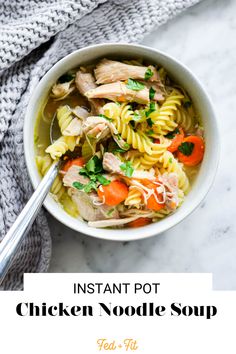 instant pot chicken noodle soup in a white bowl