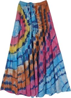 A multicolored seismic effect tie-dyed long skirt in soft and smooth rayon fabric.  This skirt has a comfortable elastic waist with a drawstring that provides sizing flexibility, and the 4-tier construction gives it a decent flowy look. #tlb #TieredSkirt #vacationclothing #beachwrap #TieDye #tiedyeskirt #summerskirt Flowy Multicolor Skirt With Elastic Waistband, Casual Multicolor Flowy Maxi Skirt, Spring Tie-dye Tiered Skirt, Tie Dye Tiered Skirt For Summer, Multicolor Flowy Rayon Skirt, Multicolor Flowy Skirted Bottoms, Ocs Outfits, Tie Dye Long Skirt, Flowy Clothes