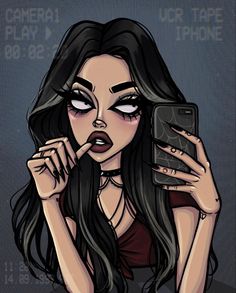 a woman holding a cell phone up to her face and looking at the camera with an evil look on her face