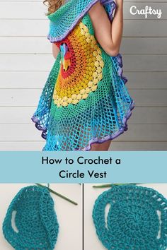 the crochet circle vest pattern is shown with instructions to make it in two different colors