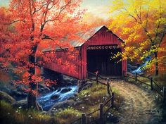 a painting of a red covered bridge in the fall with trees and water running through it