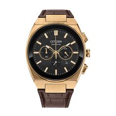 Citizen Axiom features a sophisticated blend of sports watch aesthetics with refined styling for the ultimate workday-to-weekend watch to wear. The timepiece features a rose gold-tone stainless steel case with an integrated leather strap, embodying a distinct, contemporary sports watch design. The black dial has a streamlined look, with two sub-dials at 3 and 9 o'clock, outlined with more rose gold-tone details to match the style of the applied indices and hands, while an understated 6 o'clock s Modern Leather Watch With Chronometer, Elegant Leather Chronograph Watch With Analog Display, Modern Brown Chronograph Watch, Modern Brown Chronograph Watch With Metal Dial, Modern Business Watch With Tachymeter, Leather Chronograph Watch With Rectangular Dial For Business, Modern Brown Chronograph Watch For Business, Business Chronograph Watch With Leather Strap And Rectangular Dial, Modern Brown Chronograph Business Watch