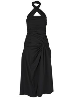 black cotton blend halterneck sleeveless cut-out detailing gathered detailing pleat detailing straight hem Carolina Herrera Dress, Carolina Herrera Dresses, Versace Outfit, Fantasy Gowns, City Dress, Halterneck Dress, Summer Beach Wear, Silhouette Cut, Carolina Herrera