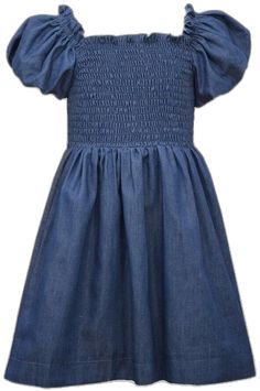 Blue Cotton Smocked Dress With Ruched Details, Blue Casual Cotton Smocked Dress, Casual Blue Cotton Smocked Dress, Casual Cotton Smocked Puff Sleeve Dress, Casual Cotton Puff Sleeve Smocked Dress, Casual Cotton Smocked Dress With Puff Sleeves, Blue Cotton Smocked Dress, Short Puffy Sleeves, Bonnie Jean