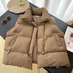 Color: Khaki, Size: M Khaki Vest, Ladies Short Jackets, Mode Turban, Fashion Stand, Puff Jacket, Beige Jacket, Winter Vest, Sleeveless Cardigan, Fashion Lady