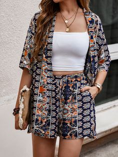 Multicolor Boho Collar Half Sleeve  Paisley,Tribal  Embellished Non-Stretch  Women Clothing Short Sleeve Kimono Cardigan, Short Sleeve Kimono, Kimono Blouse, Boho Women, Shorts Set, Primavera Estate, Tube Top, Beach Outfit