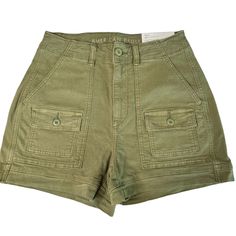 American Eagle Hi Highest Rise 90's Boyfriend Shorts Size 2 Olive Green New Cotton/Polyester/Spandex Approximate Measurements: 13" Across At The Waist Laying Flat 10.5" Rise 3" Inseam New With Tags! $59.95 Retail Smoke Free Home. High Rise Utility Bottoms With Built-in Shorts, High-waisted Utility Cargo Shorts, High Rise Utility Cargo Shorts For Spring, High Rise Cotton Shorts With Cargo Pockets, High Rise Cotton Cargo Shorts, High Rise Cotton Utility Cargo Shorts, High Rise Cotton Cargo Shorts In Utility Style, High Rise Cargo Shorts With Side Pockets For Summer, High Rise Cotton Cargo Shorts With Side Pockets