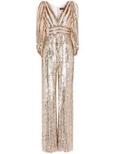 gold-tone sequin design stripe detailing plunging V-neck long sleeves concealed rear zip fastening wide leg Embellished V-neck Jumpsuits And Rompers For Evening, Chic Sequined Jumpsuits And Rompers For Gala, Gold Sequined Jumpsuits And Rompers For Party, Gold Party Jumpsuit With Sequins, Glamorous Gold Jumpsuits And Rompers For Party Season, Embellished Long Sleeve Jumpsuits For Party, Embellished Long Sleeve Jumpsuits And Rompers For Party, Long Sleeve Embellished Jumpsuits And Rompers For Party, Elegant Embellished Long Sleeve Jumpsuits And Rompers