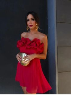 Mesh Rosette Tube Pleat Short Dress Prom Style, Ruffle Mini Dress, Strapless Mini Dress, Red Mini Dress, Stretch Dress, Club Dresses, Red Fashion, Zara Dresses