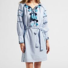 Signature Studio Long Sleeve Embroidered Shirt Style Mini Boho Dress With Tassels - White / Blue. New With Tags. Size Small. (Pme-162) Blue Cotton Dress With Embroidered Hem, Blue Embroidered Long Sleeve Summer Dress, Blue Long Sleeve Embroidered Summer Dress, Casual Blue Long-sleeved Embroidered Dress, Blue Embroidered Tunic Dress For Spring, Blue Floral Embroidered Tunic Dress, Mini Boho Dress, Dress With Tassels, Embroidered Shirt Dress