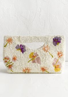 Dried Flower Beaded Clutch | LEIF Dried Flower Beads, Hand Bags For Women, Beaded Clutch, White Backdrop, Dried Floral, Beaded Purses, Small Pouches, Beaded Bags, Canvas Pouch