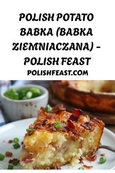 a close up of a plate of food with the words polish potato bakka