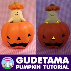 there are two pumpkins with faces on them and the words gudetama written below