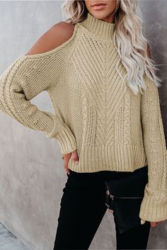 Khaki Cold Shoulder High Neck Knitted Sweater Solid Open Knit Fall Sweater, Solid Open Knit Sweater For Fall, Fall Solid Color Open Knit Sweater, Casual Open Knit Sweater For Winter, Cozy Open Knit Solid Color Sweater, Casual Solid Color Open Knit Sweater, Casual Solid Open Knit Sweater, Crew Neck Open Knit Sweater For Winter, Open Knit Crew Neck Sweater For Winter