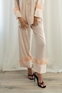 Blush Feather Pajama Pants Set – Spikes and Seams Satin Pants Set, Bridal Party Robes, Wedding Robe, Satin Pants, Pink Feathers, Bridesmaid Robes, Satin Pajamas, Matte Satin, Satin Fabric