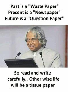 an old man in front of a microphone with the caption past is a waste paper present as a newspaper future is a question paper