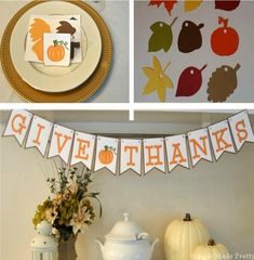 a collage of thanksgiving decorations, plates and napkins on a table with the words give thanks above them