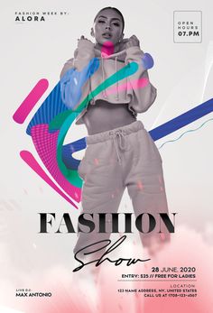 the fashion show flyer is shown with an image of a woman in grey and pink