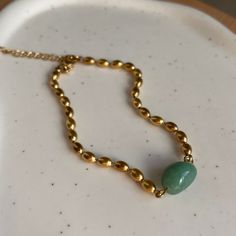 Beautiful Rice Bead Bracelet with Jade Stone  18k Gold Plated Adjustable Length Rice Bead Bracelet, Green Gemstone Bracelet, Jade Crystal, Rice Bead, Bead Chain, Jade Stone, Green Gemstones, Gemstone Bracelet, Stone Bracelet