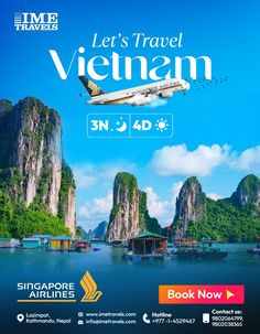 an airplane flying over the ocean with mountains and houses in the background, while text reads let's travel vietnam 3n 4d