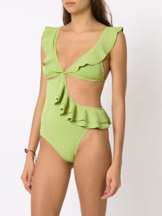 Shop Clube Bossa ruffled cut-out swimsuit with Express Delivery - FARFETCH Green Ruffled Swimwear For The Pool, Green Cutout Swimwear For The Beach, Green Ruffled Swimwear For Beach Season, Green One-piece Swimwear With Cutout, Green One-piece Cutout Swimwear, Green Ruffled Swimwear For Party, Green Cutout Swimwear For Beachwear, Green Ruffles Swimwear For Poolside, Green Cutout Beachwear Swimwear