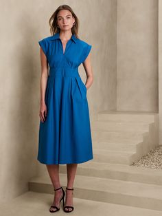 Band-Waist Poplin Midi Dress | Banana Republic Factory V-neck Midi Dress With Pockets For Daywear, Relaxed Fit V-neck Dress For Work, V-neck Midi Dress With Pockets For Work, Workwear Midi Dress With Slip Pockets, V-neck Workwear Dresses With Pockets, V-neck Work Dresses With Pockets, Spring Business Casual Dresses With Pockets, Summer V-neck Business Casual Dresses, Spring V-neck Midi Dress For Business Casual