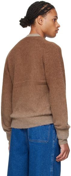 Brushed knit alpaca wool- and sheep wool-blend sweater. Gradient effect throughout. · Layered construction · Rib knit V-neck, hem, and cuffs · Dropped shoulders Supplier color: Chocolate brown Fall Mohair Sweater With Ribbed Cuffs, Pocket Sweater, Embellished Sweaters, Rainbow Sweater, Sweater Layering, Latest Sweater, Knit Alpaca, Jw Anderson, Brown Sweater