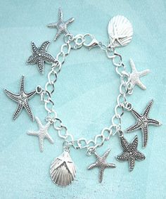 seashells charm bracelet- starfish charm bracelet, beach charm bracelet, themed bracelet Cheap Adjustable Charm Bracelet For Beach, Beach Charm Bracelet With Lobster Clasp, Adjustable Silver Charm Bracelet With Starfish, Beach Metal Bracelets With Charms, Silver Metal Charm Bracelet For Beach, Metal Charm Bracelets For Beach, Silver Ocean-inspired Bracelets For Beach, Beach Metal Jewelry With Starfish Charm, Silver Charm Bracelet With Lobster Clasp For Beach