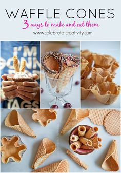 the collage shows different types of waffle cones and how to make them for desserts