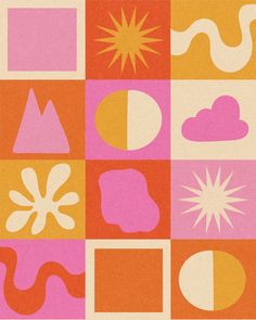 an orange, pink and yellow background with different shapes