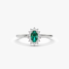 14k Emerald Ring with Halo Diamonds 14K White Gold Ferkos Fine Jewelry Layering Diamond Necklaces, Ring With Halo, Silver Diamond Ring, Diamond Carat, Halo Diamond Ring, Delicate Earrings, Diamond Color, Emerald Ring, Silver Diamonds