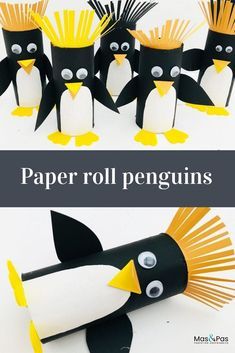 penguins made out of toilet paper roll are sitting in the middle of an image with text overlay that reads, paper roll penguins