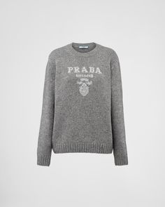 Grey/Silver Wool, cashmere and lamé crew-neck sweater | PRADA Luxury Logo Print Sweater For Fall, Luxury Winter Sweater With Logo Print, Luxury Crew Neck Sweater With Logo Detail, Luxury Logo Print Sweater For Winter, Luxury Crew Neck Sweater With Embroidered Logo, Luxury Tops With Logo Detail For Fall, Luxury Logo Tops For Fall, Luxury Logo Detail Tops For Fall, Luxury Logo Print Tops For Winter