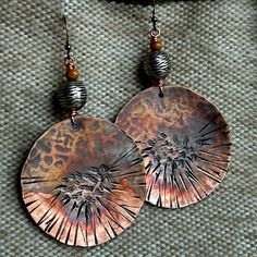 Copper And Bead Earrings. These Are Giving Boho / Tribal Vibes. About 3.5 Inches Long. Discs Are 2.3 Inches In Diameter. One Of A Kind - Handmade! Copper Earrings Handmade John S Brana - Handmade Jewelry, Handmade Copper Jewelry John S Brana - Handmade Jewelry, Bohemian Jewelry Rustica Jewelry, Handcrafted Artisan Earrings, Hand Made Leather Jewelry, Hammered Copper Earrings Rustica Jewelry, Copper Beads Jewelry, Artisan Jewelry Gold, Oxidizing Copper Jewelry