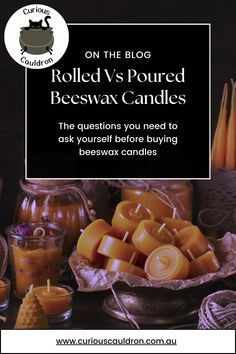 candles and jars with the title on the blog rolled v's poured beeswax candles