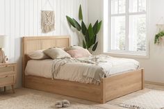 Croxley Solid Oak Ottoman Bed Frame With Rattan Headboard Wooden Ottoman Bed, Mom Bedroom, White Wooden Bed, Pine Bed Frame, Wooden Ottoman, Ottoman Bed Frame, Rattan Ottoman, Fabric Upholstered Bed