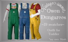 three children's overalls are shown in different colors and sizes, with the words vintage - style worn dunggars 19 swatches out for toddler try own mesh