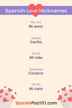 spanish love phrases with hearts on the top and bottom, in front of a pink background