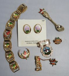 an assortment of brooches and other items on display