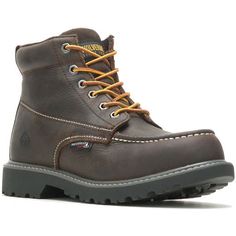 Wolverine Men's Floorhand Moc Toe 6" Steel Toe Waterproof Work Boot -Dark Brown- W221048 On Sale Now! This Item Ships FREE! Built on the foundation of Wolverine’s top-selling franchise, the Floorhand Moc-Toe features an iconic silhouette made for all aspects of the day. With function top of mind, the Floorhand Moc-Toe is constructed to handle a wide range of activities, from exploring the great outdoors to everyday projects. Stay comfortable with premium waterproof full-grain leather and a breat Hard Working Man, Work Boot, Medium Brown, Top Selling, Brown Boots, Work Boots, Full Grain Leather, Great Outdoors, The Great Outdoors